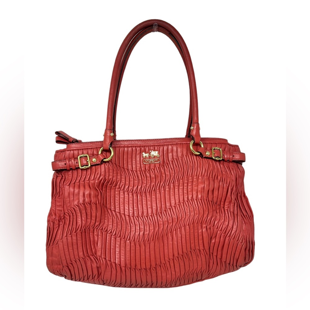 Coach Red Ruched Leather Tote with Gold-Tone Accents